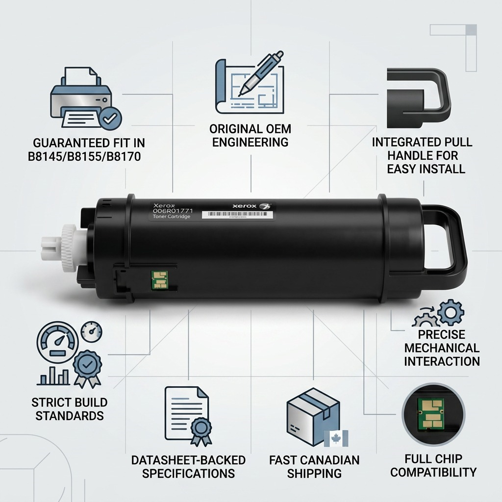 Trust infographic: Xerox 006R01771 cartridge with compatibility, build, and fast shipping facts.