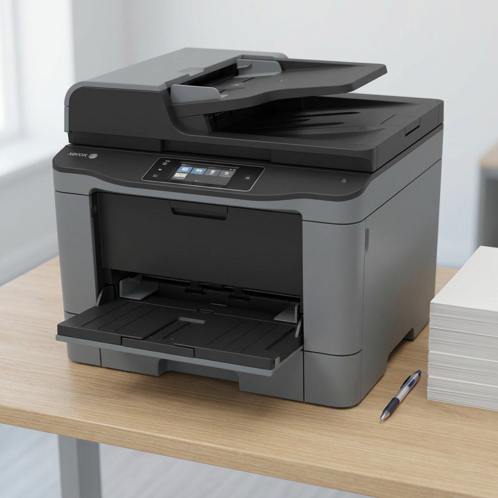 A photorealistic scale image of the Xerox W130 printer on a wooden desk with a stack of paper.