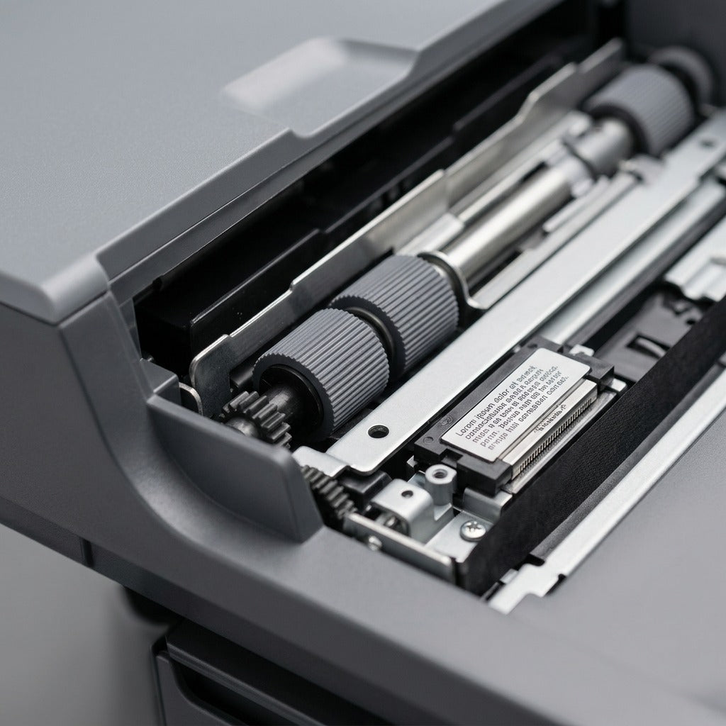 Extreme macro view reveals precision feed rollers, separation pads, and intricate imprinter assembly.