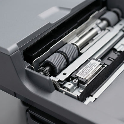 Extreme macro view reveals precision feed rollers, separation pads, and intricate imprinter assembly.