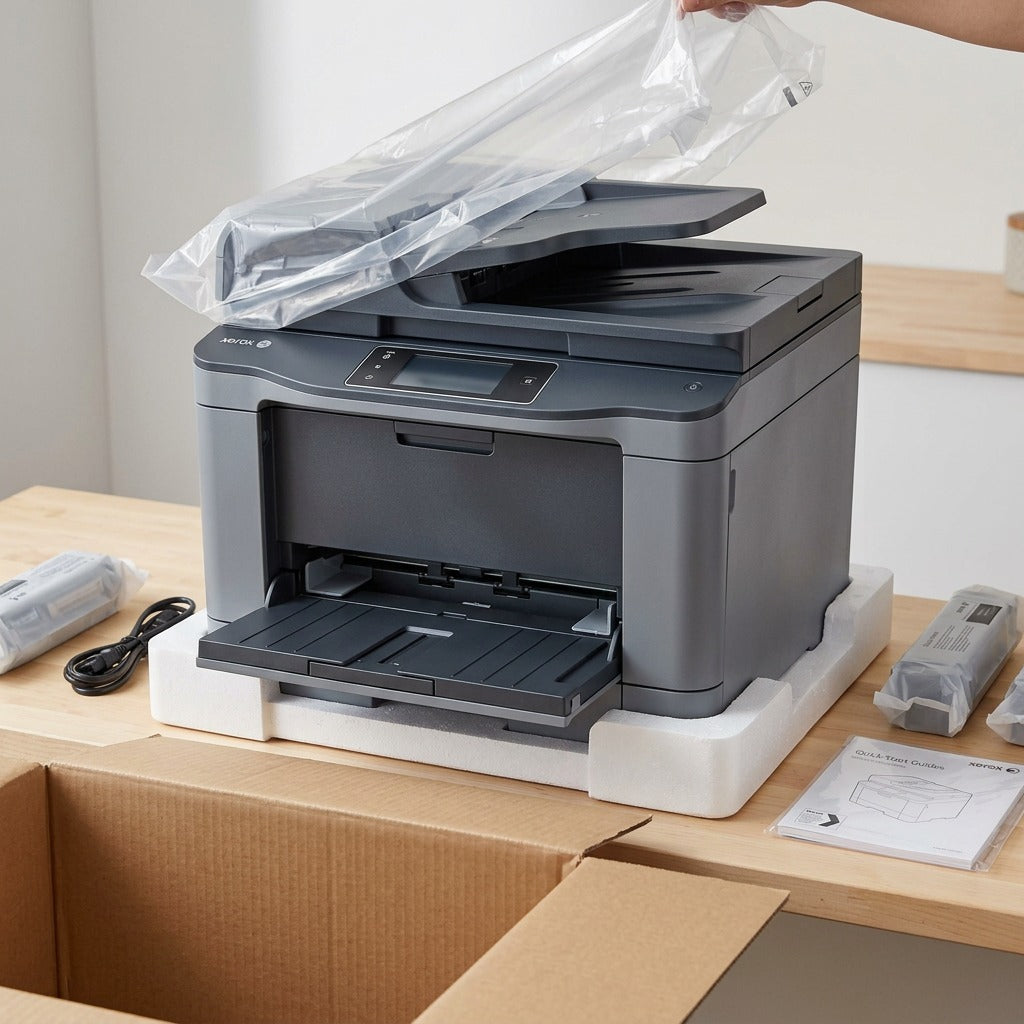 Realistic unboxing of the Xerox printer from its foam base, protective plastic, and generic shipping box, showing safe delivery conditions.
