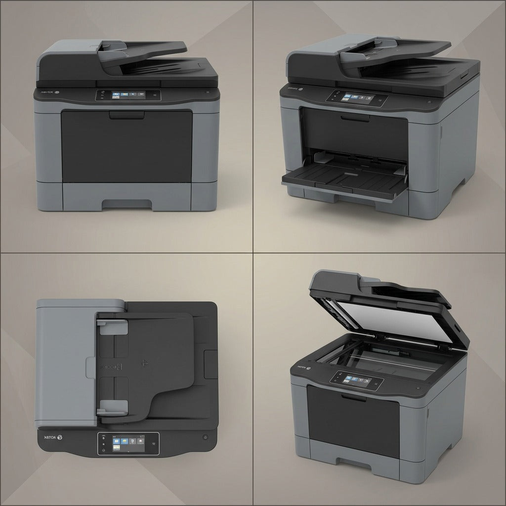 Configuration matrix display showing front, angled, top, and interior views of the Xerox W130.