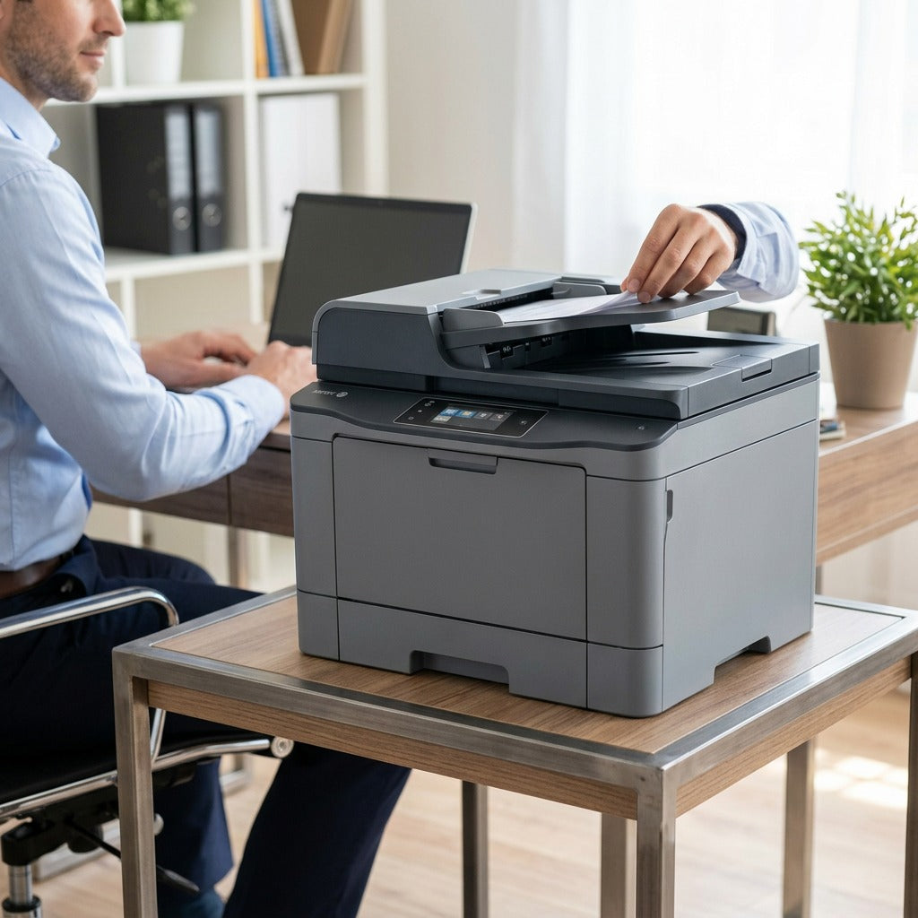 A photo showing the Xerox W130 Network Scanner being used in a home office environment.