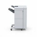 A high-resolution product shot of the Xerox BR Finisher W/ 2/3 Hole Punch, a white, wheeled commercial printing module, from a side profile on an all-white background.