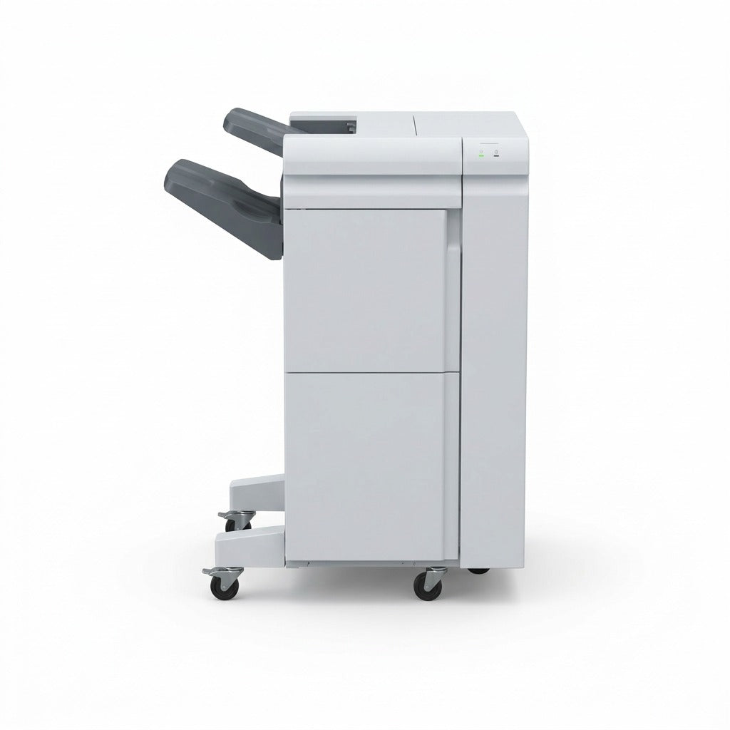 A high-resolution product shot of the Xerox BR Finisher W/ 2/3 Hole Punch, a white, wheeled commercial printing module, from a side profile on an all-white background.