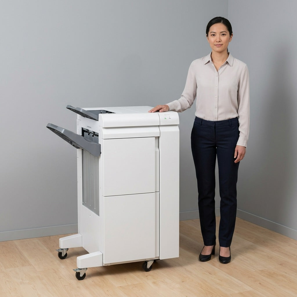 An office finisher on wheels next to an average human to show its size and proportions.