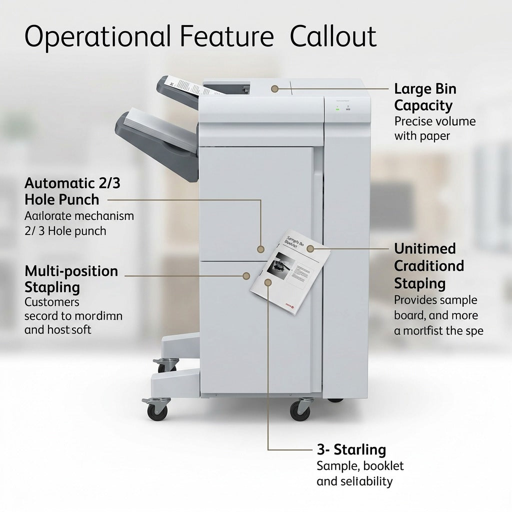 A feature graphic of the Xerox BR Finisher with clear, concise labels and icons highlighting key operational benefits such as high-volume stapling and dual-position hole punching, against a clean white background.