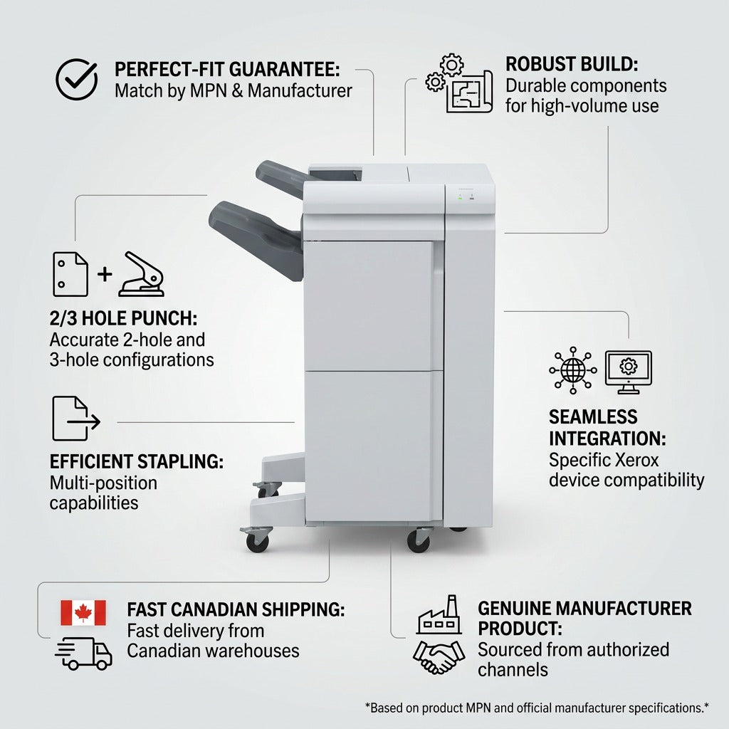 Infographic of Xerox 097S05024 BR Finisher, highlighting genuine performance, direct fitment, and robust build for high-volume use.