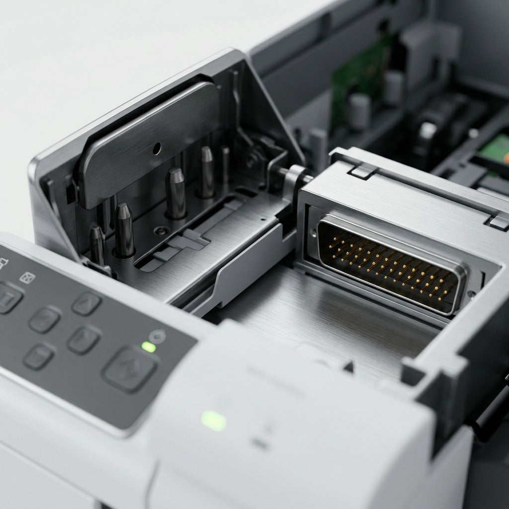 Macro detail of the metal hole-punch pins and internal connectors within the Xerox BR Finisher.