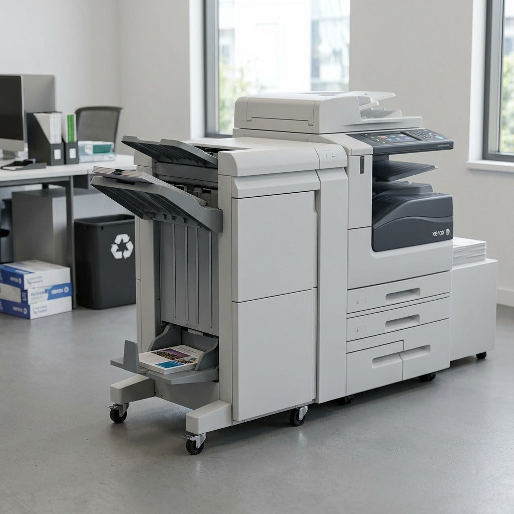 A realistic, full shot of the Xerox BR Finisher W/ 2/3 Hole Punch (097S05024) in a clean office print room, in a lifestyle setting. The finisher, as seen in image_0.png, is positioned next to a large digital production printer. Sunlight from a large window illuminates the scene, and a few printed brochures rest in its output tray, showing its functionality. The product is to scale and realistically integrates into the professional environment. The image is clean and without text overlay.
