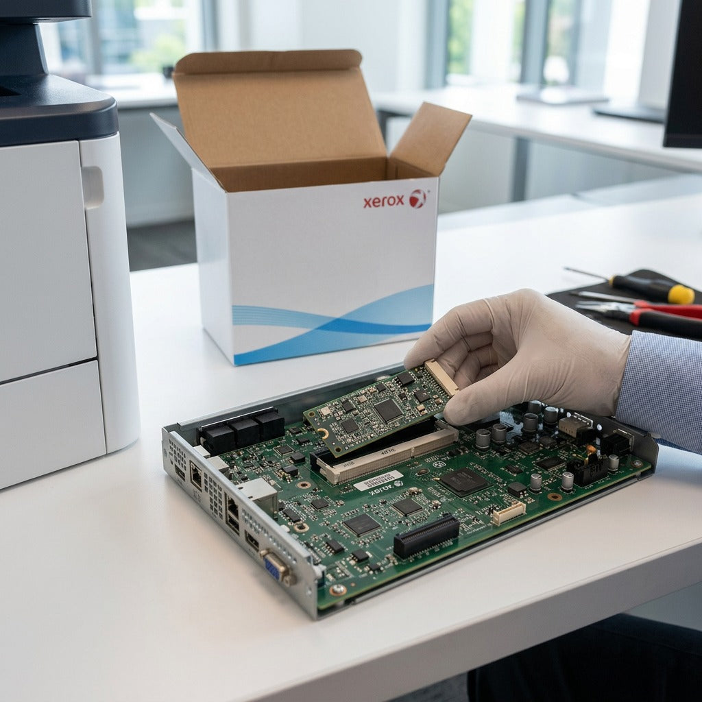 An opened Xerox Productivity Package Option Kit on a desk next to a modern printer.
