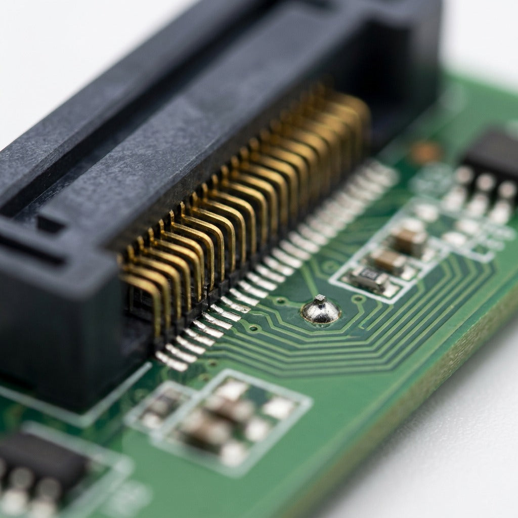 Macro photograph showing the precision multi-pin connector and PCB details of the Xerox module.