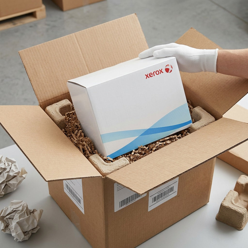 A close-up unboxing shot of a pristine Xerox box, with light blue wave graphics and the red "XEROX" and logo, nesting securely in protective brown crinkle-cut paper within another sturdily lined shipping box, suggesting a safe, well-protected delivery.