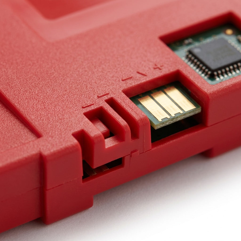 Extreme close-up macro photograph of a Xerox 106R02734 high-capacity red toner cartridge showing its complex connector chip interface, keying patterns, and plastic texture. Focus is on the fine gold pins of the chip and precision-molded components. Taken on a clean white surface with high-key lighting for detailed product inspection. Total focus.