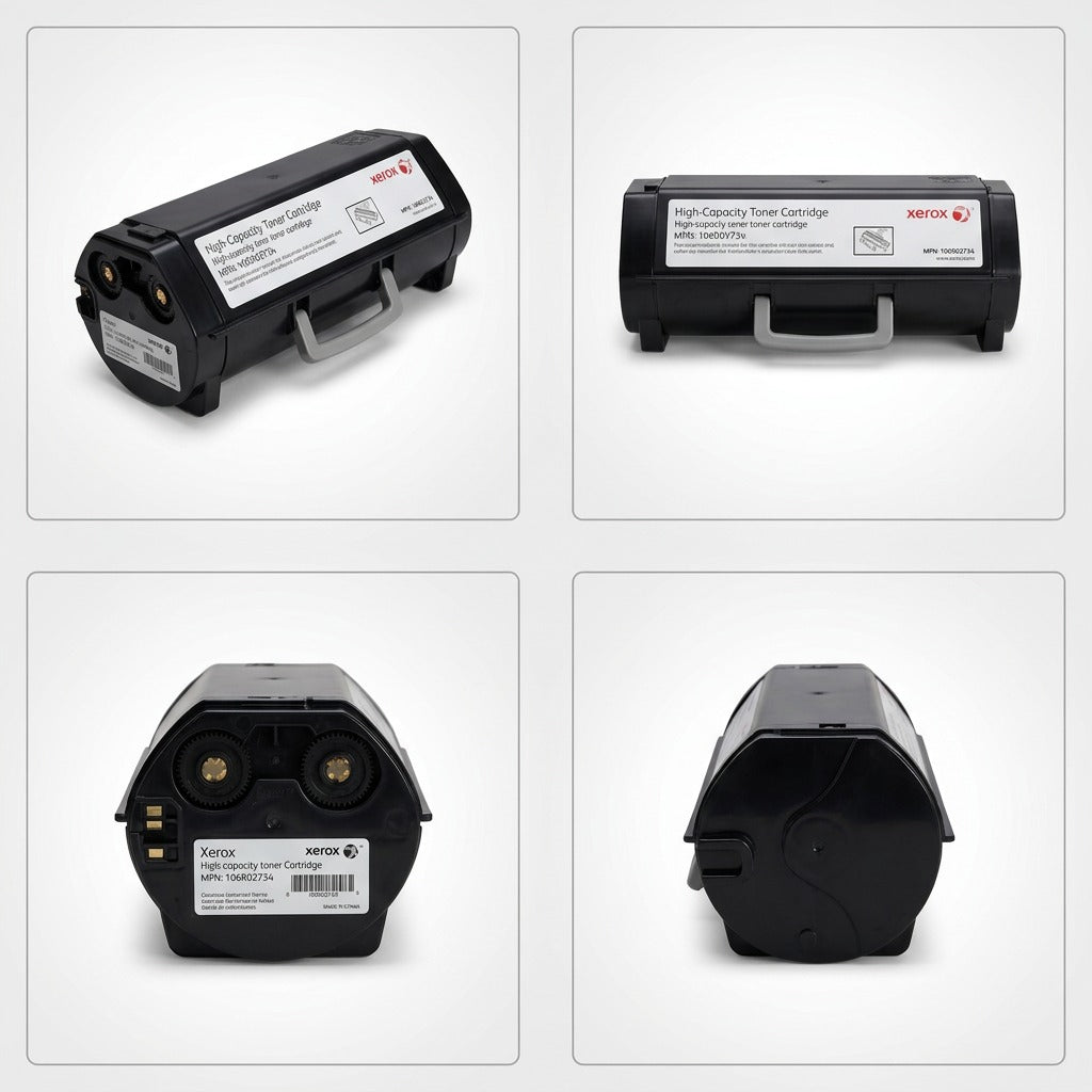 A premium ecommerce matrix showing four different views of the Xerox 106R02734 toner cartridge.