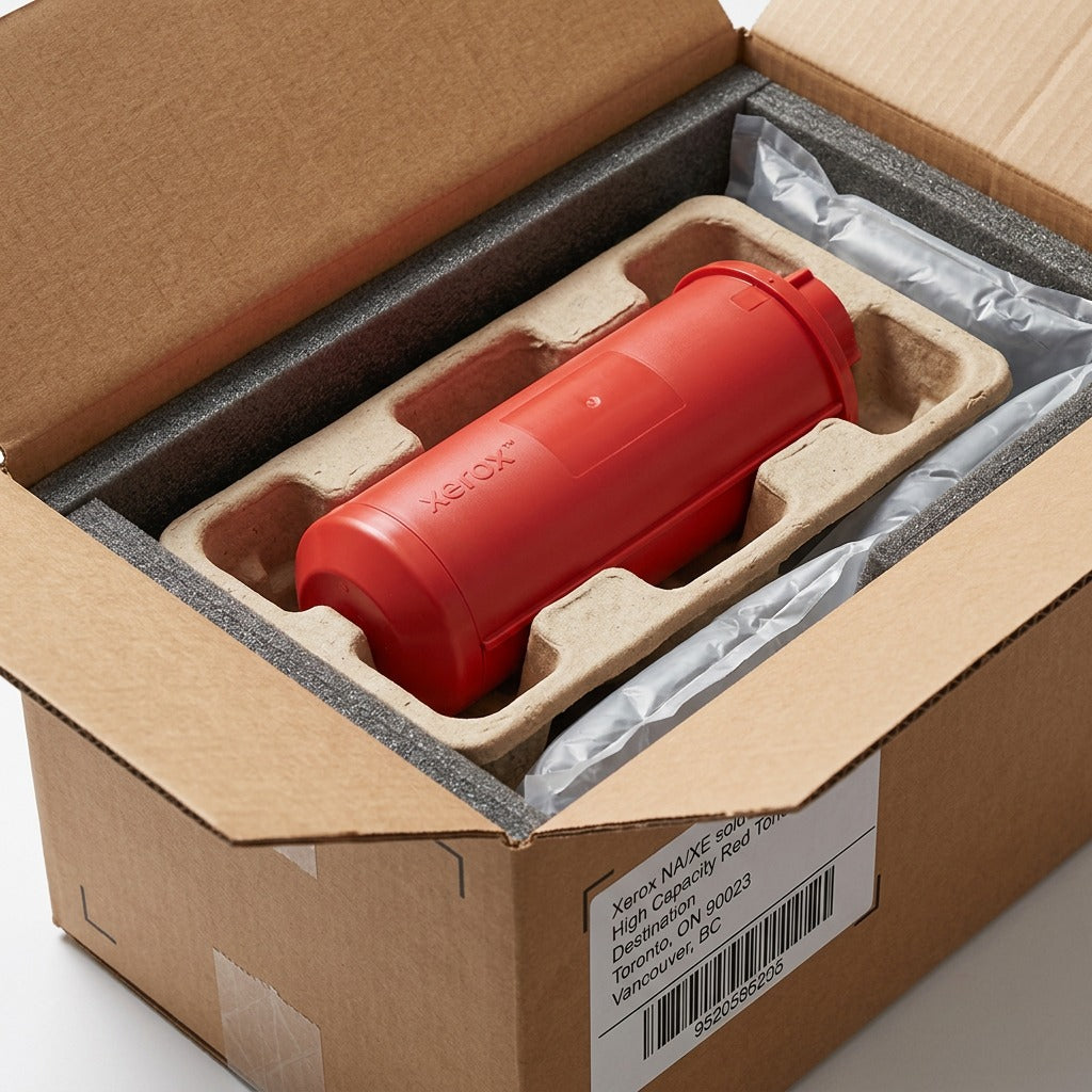 A photo of the Xerox red toner cartridge securely nestled in protective unboxing packaging.