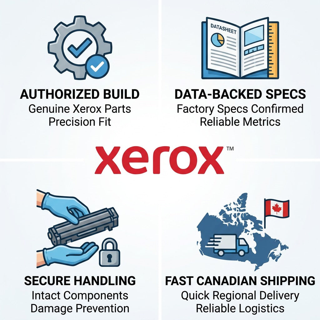 Infographic for Xerox 106R02734 highlighting authorized build, data-backed specs, secure handling, and fast Canadian shipping.