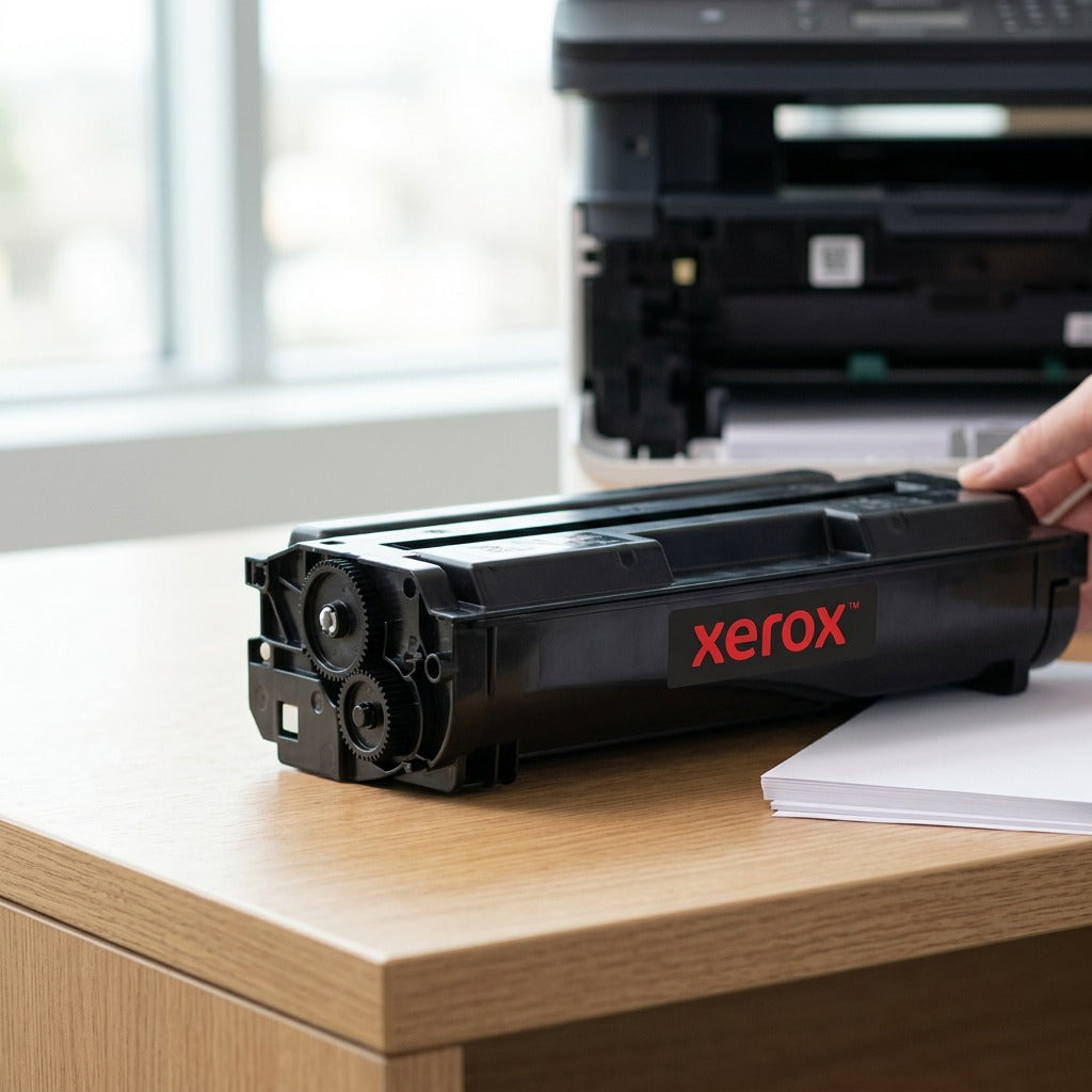 A close-up photograph of a red Xerox 106R02734 High Capacity Toner on an office desk, ready for installation in a workgroup printer.