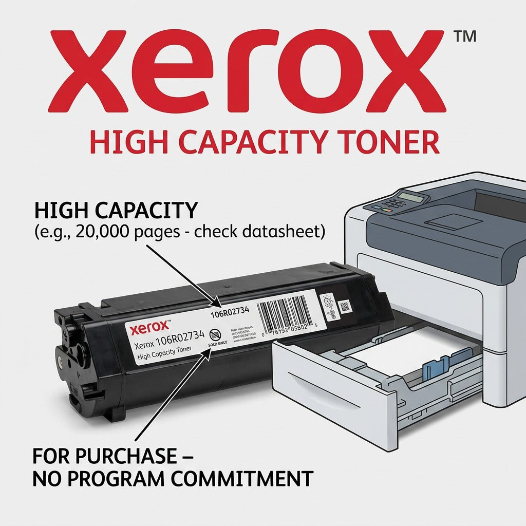 A functional diagram of a Xerox High Capacity Toner cartridge, illustrating high yield and sold-only features.