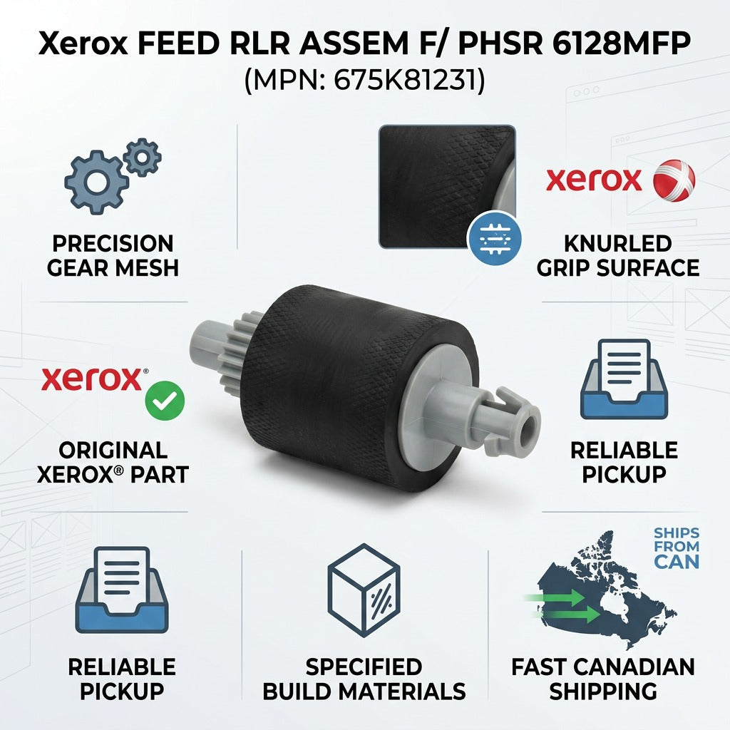 An infographic for the Xerox FEED RLR ASSEM, featuring the component with icons highlighting features like its original Xerox status and fast Canadian shipping.