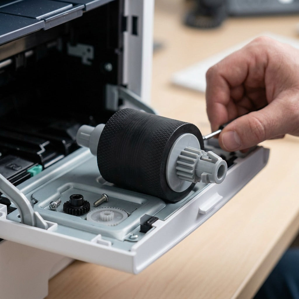 A Xerox feed roller assembly from image_0.png is positioned within the open chassis of a printer, indicating a maintenance action. All specific gear and roller details from the reference are preserved. The setting is clean, well-lit, and functional.