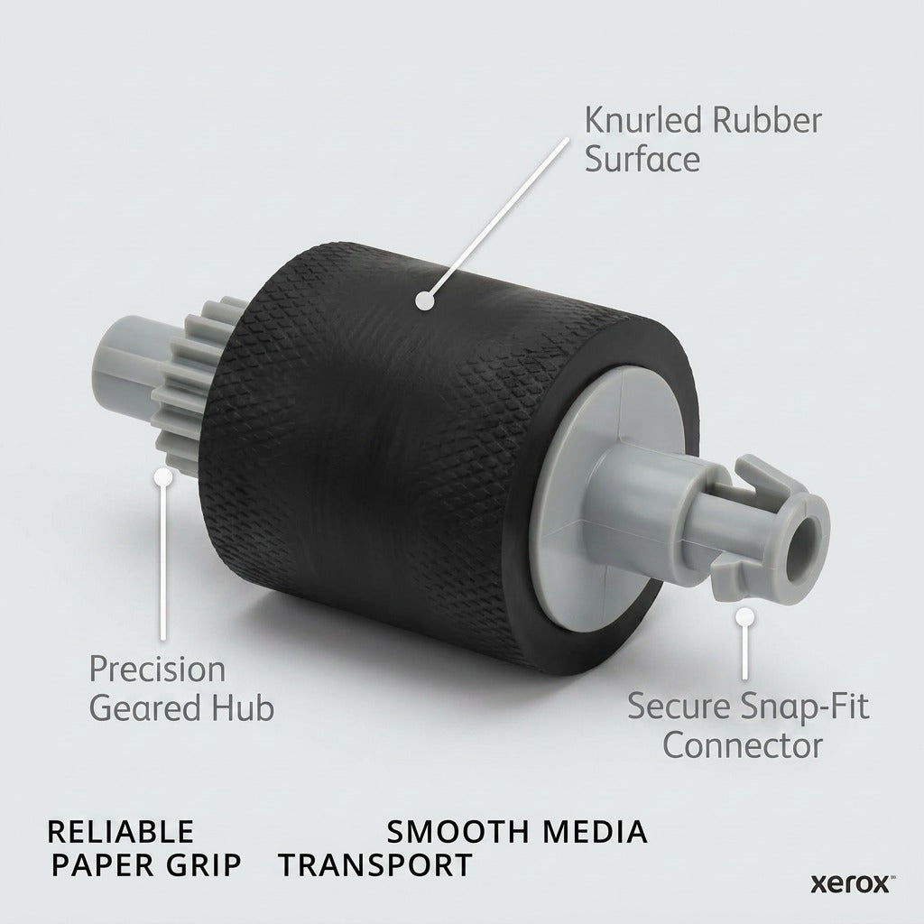 An operational feature infographic for the Xerox feed roller, showcasing its knurled rubber, precision gear, and snap-fit connector.