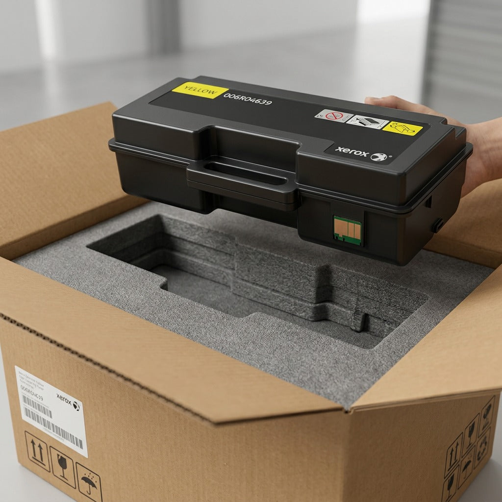 Hand lifting Xerox 006R04639 yellow toner from custom foam-cut shipping box, showing secure delivery.
