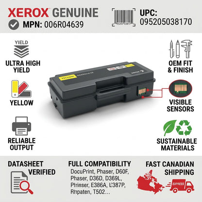 Matrix infographic for Xerox 006R04639 yellow toner, detailing build, fit, data, and fast shipping.