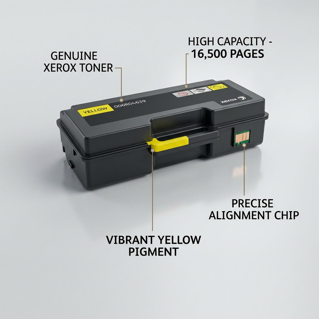 A detailed feature callout image for the Xerox 006R04639 yellow toner cartridge.