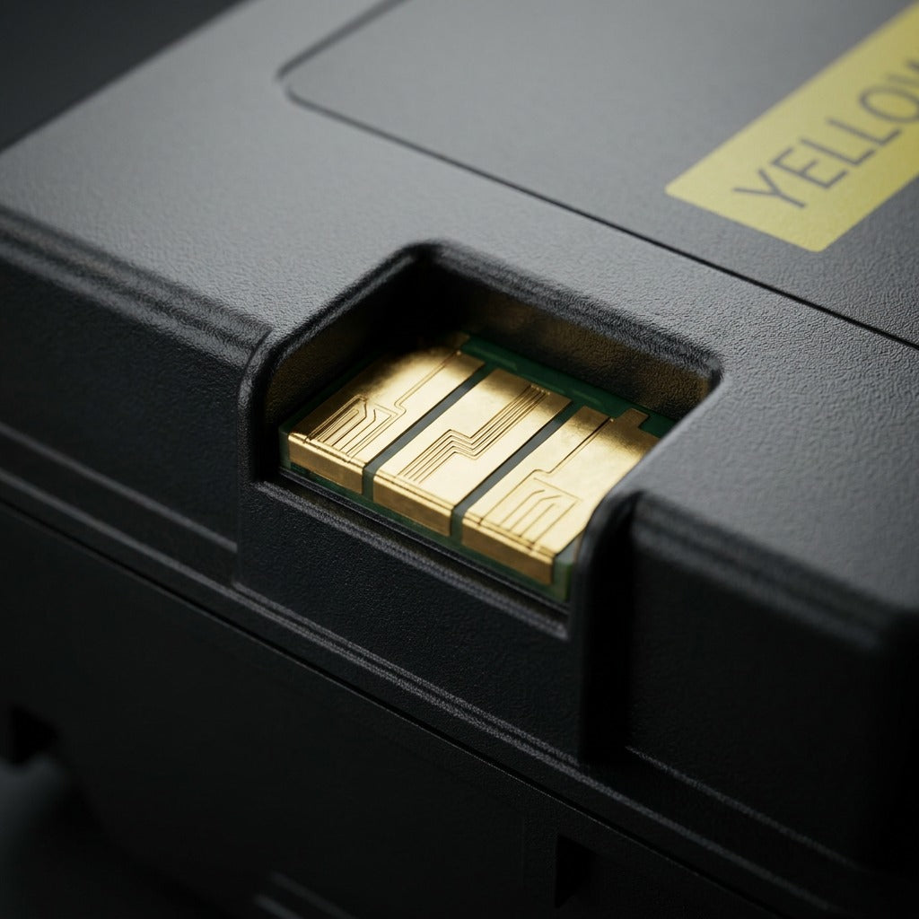 Macro photograph of the Xerox Genuine Yellow High Capacity Toner Cartridge, focusing sharply on the metallic electrical contacts and memory chip.