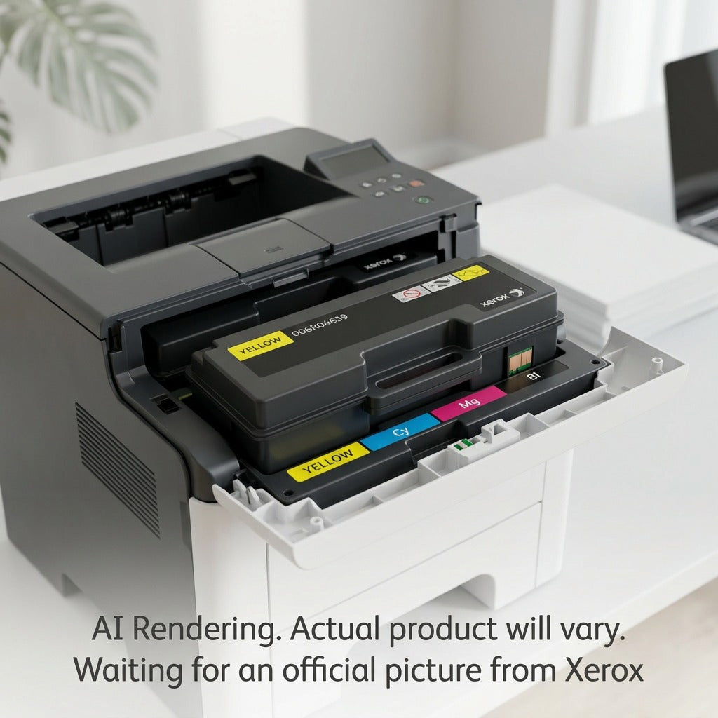 A lifestyle photo showing the Xerox 006R04639 yellow toner cartridge being inserted into a printer's access tray in an office.