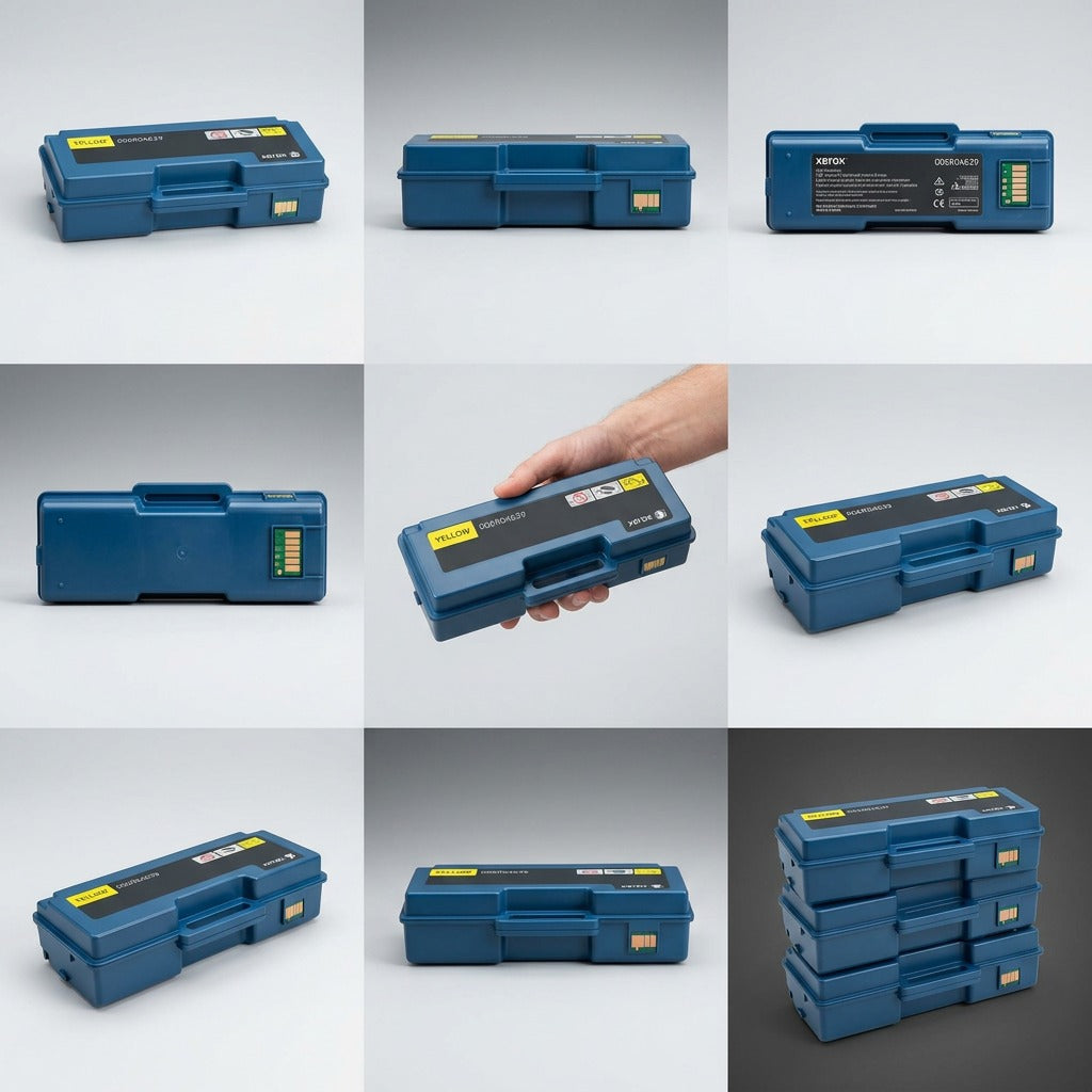 A matrix of nine images on a soft gradient background showing a single Xerox yellow high capacity toner cartridge from various angles.