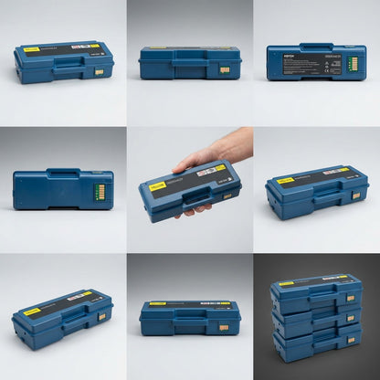 A matrix of nine images on a soft gradient background showing a single Xerox yellow high capacity toner cartridge from various angles.