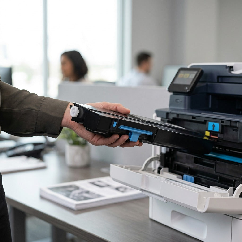 A lifestyle image featuring the black and blue Xerox Versalink C400/C405 extra high capacity cyan toner cartridge being installed into a compatible printer tray in an open office, under natural light. Only the canonical cartridge and printer are visible.