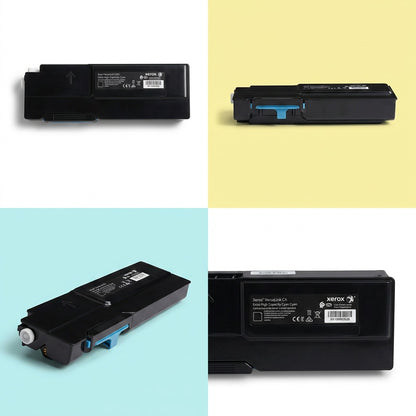 Xerox VersaLink cyan toner cartridge: angles & close-up grid comparison.