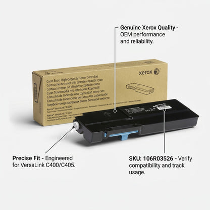 Feature callout graphic for Xerox 106R03526 cyan toner, highlighting genuine quality and easy installation.