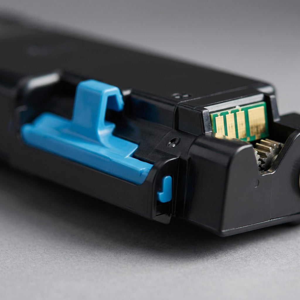 Macro close-up of Xerox cyan toner cartridge contacts and keying mechanisms.
