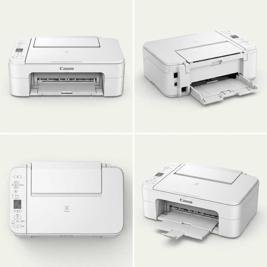 A product matrix for the Canon PIXMA TS3320 White printer, showing front, rear quarter, top-down, and side views.