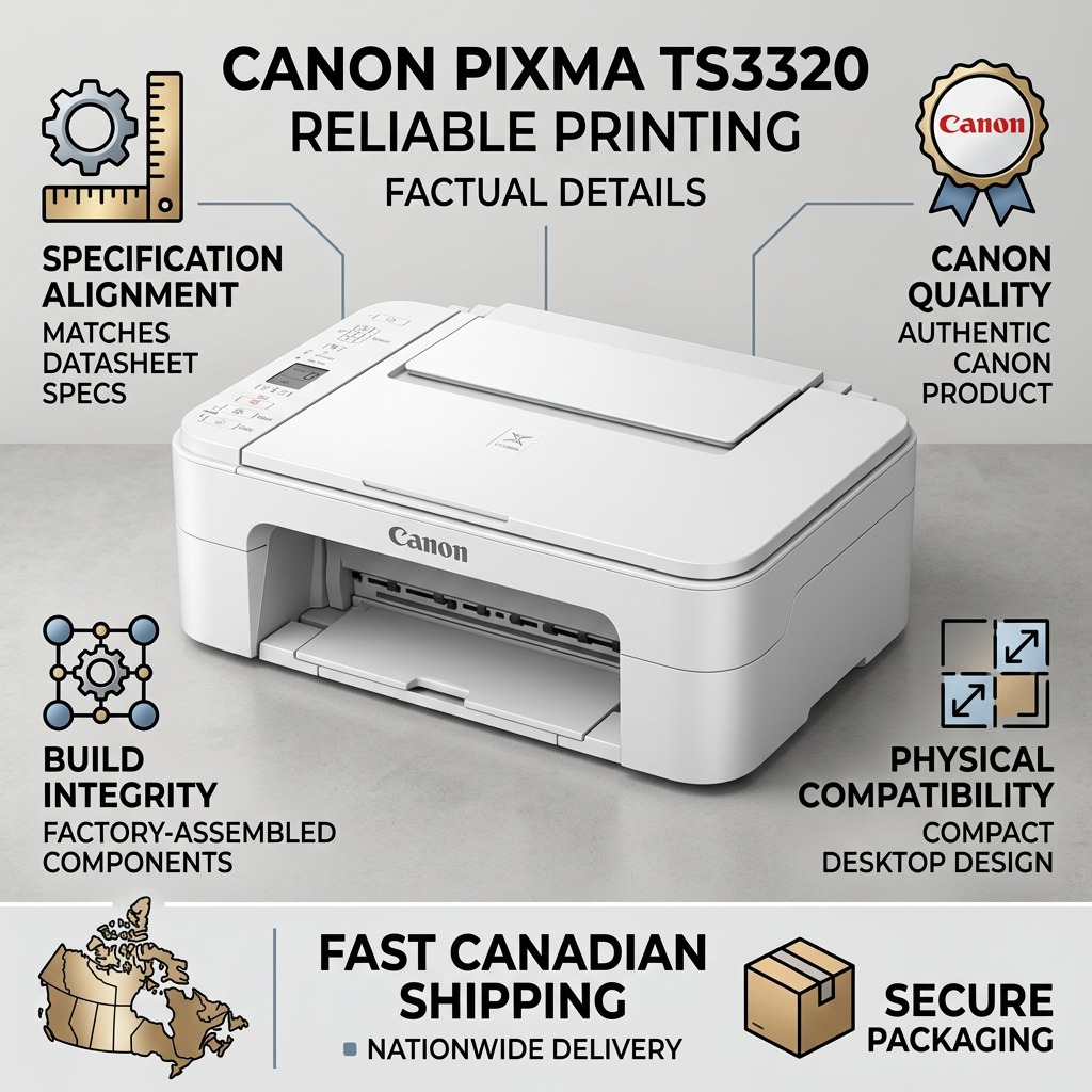 Trust and authority infographic showing Canon PIXMA TS3320 White printer with factual data icons and text.