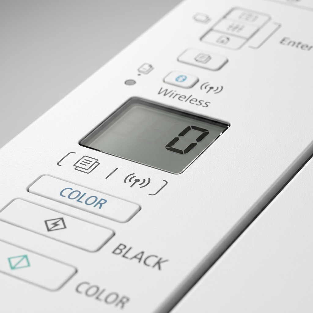 Macro photo detailing the text, buttons, and display of the control panel on a Canon PIXMA TS3320 printer.