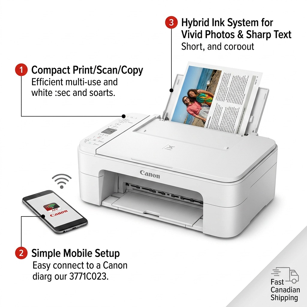 A diagrammatic view of the Canon PIXMA TS3320 white printer with feature callouts, including compact size, wireless printing via smartphone, and a hybrid ink system for vivid photos and sharp text.
