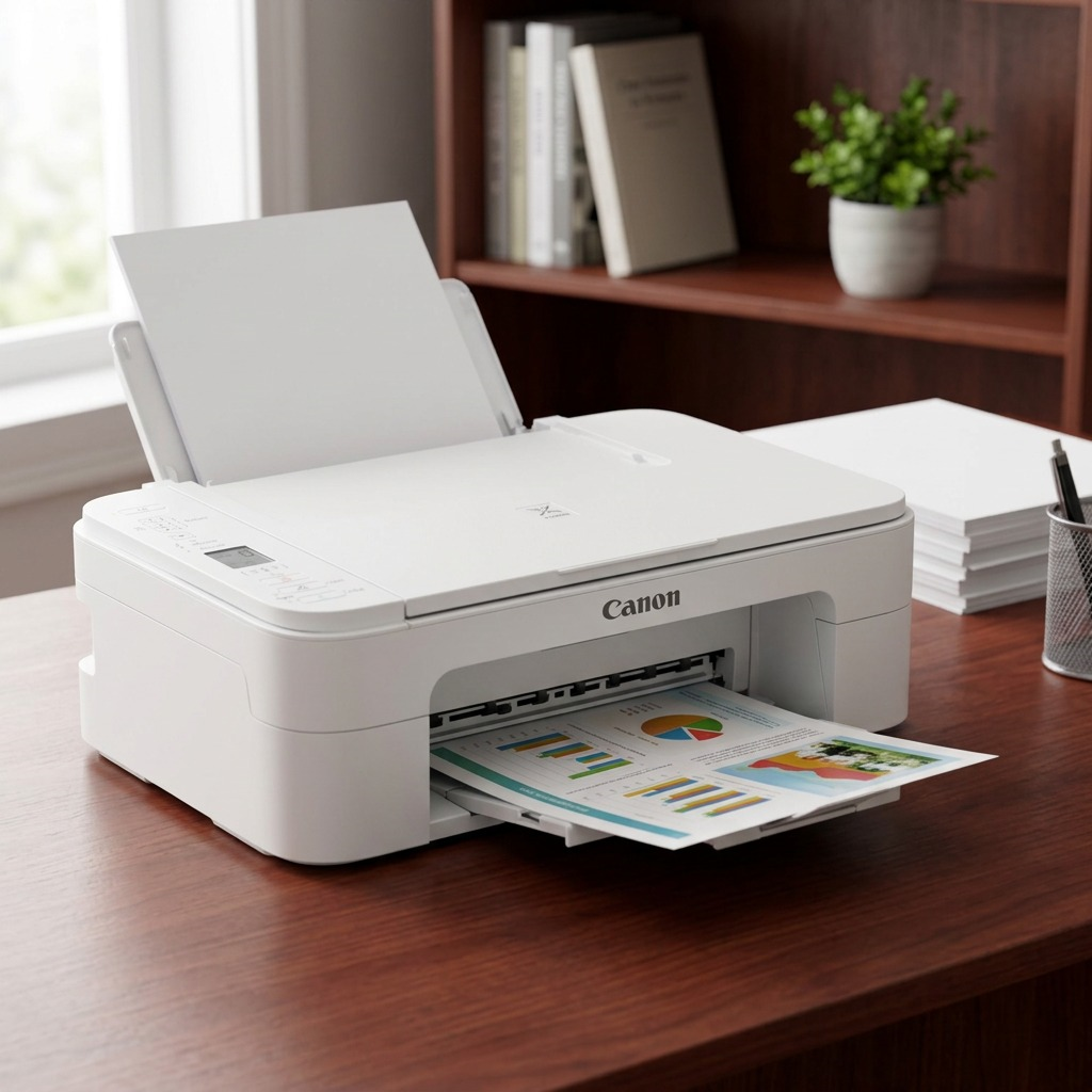 White Canon PIXMA TS3320 printer actively printing color charts on a home office desk, shot with natural daylight.