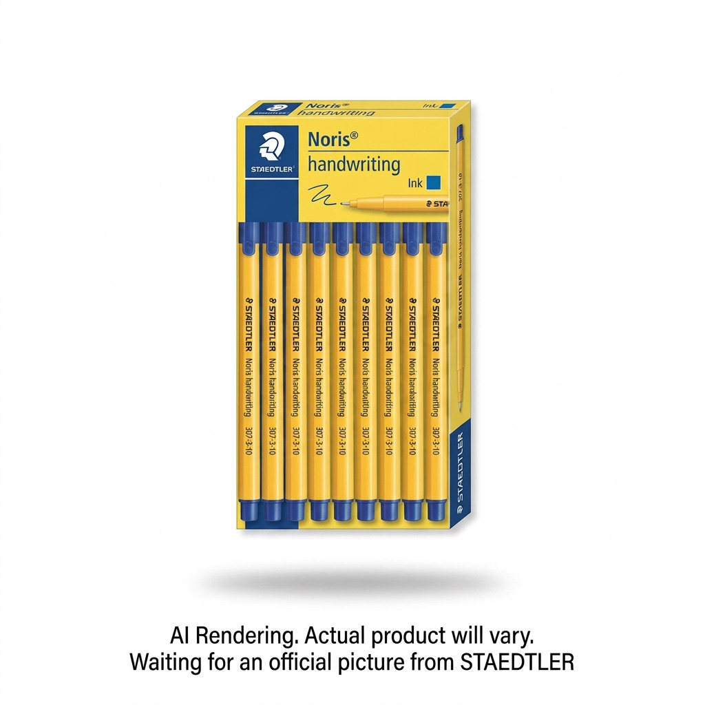 High-resolution hero shot of STAEDTLER Noris handwriting fineliners, blue ink, 10-pack, on a white background.
