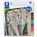 A perfectly rendered 12-piece tin of STAEDTLER Design Journey elephant elephant jumbo colored pencils.