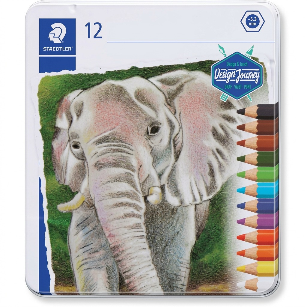 A perfectly rendered 12-piece tin of STAEDTLER Design Journey elephant elephant jumbo colored pencils.