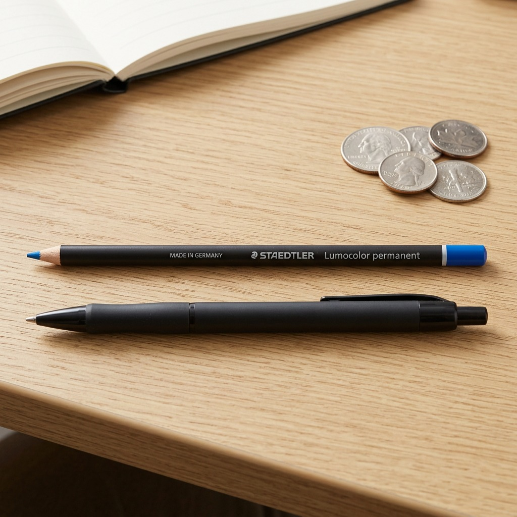 A lifestyle shot of the blue dry marker next to a standard pen and coins on a light wood desk for scale.
