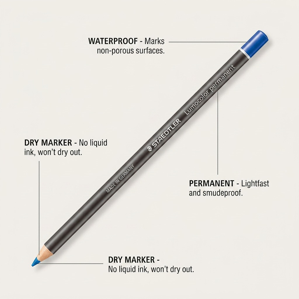 Feature callout graphic showing the STAEDTLER Lumocolor permanent dry marker, highlighting its "Waterproof" and "Dry" capabilities.