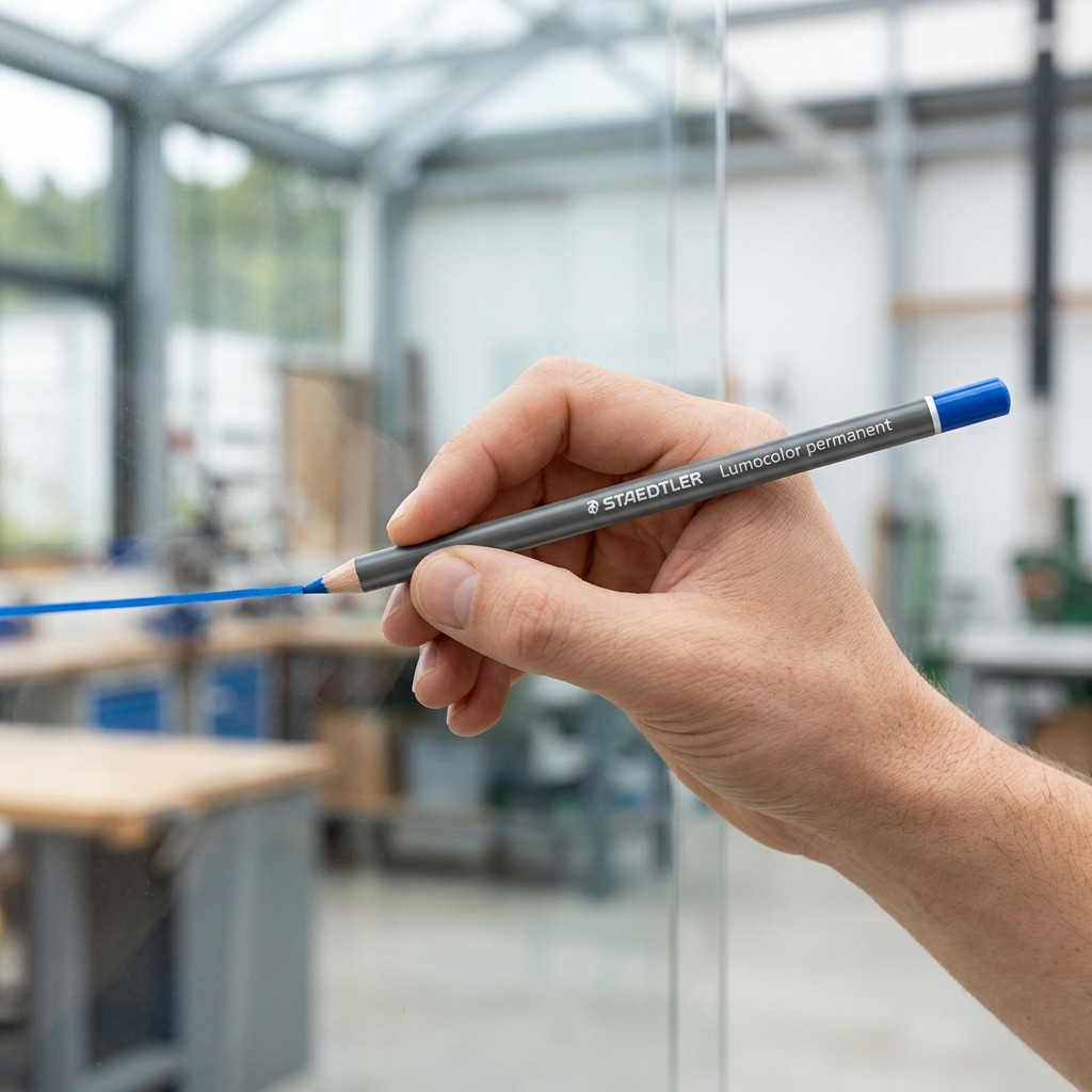 A lifestyle photograph shows a STAEDTLER Lumocolor blue waterproof pencil marking a clear glass panel in a work setting, displaying its core function.