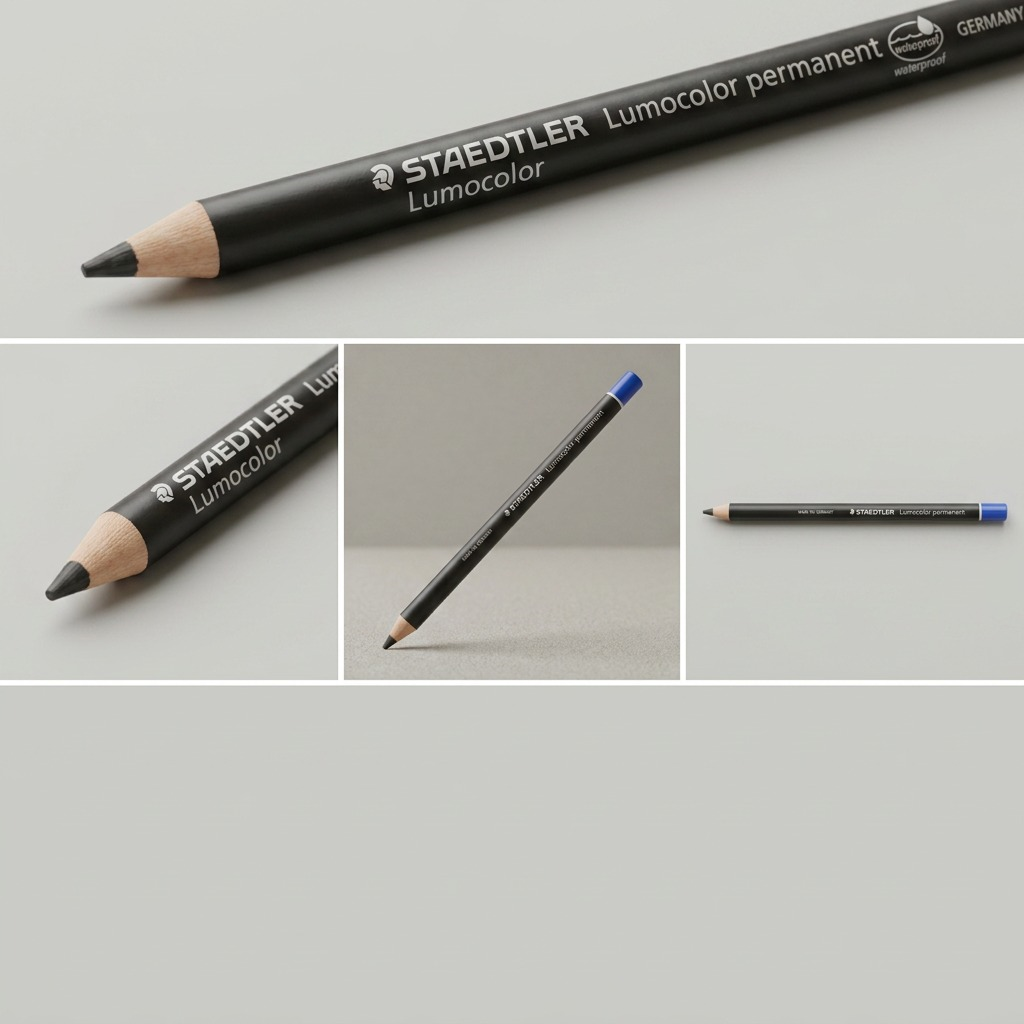 A professional 2x2 grid product matrix featuring the blue STAEDTLER Lumocolor permanent dry marker, with each quadrant showing the marker from a distinct vertical orientation.