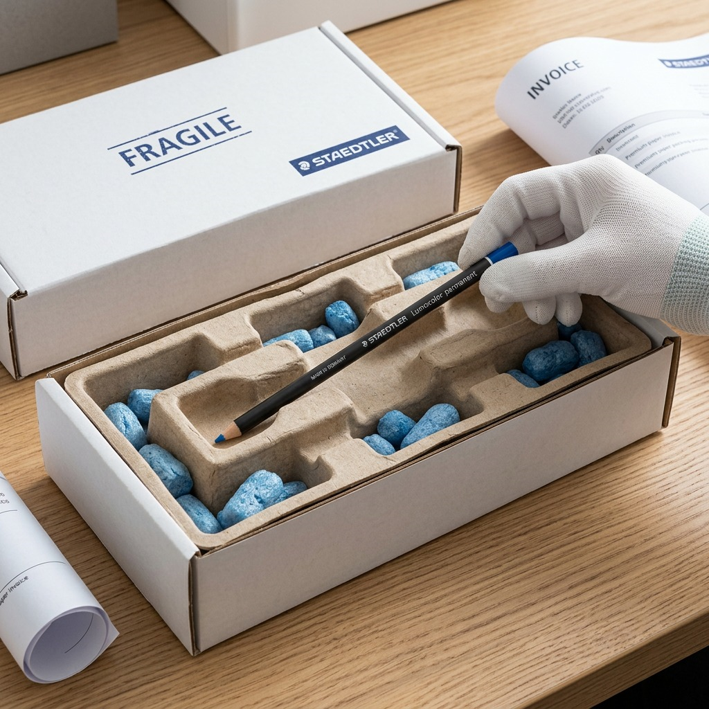 A pristine white shipping box is shown with its lid open, revealing a meticulously packed protective foam layer. Securely nestled within a custom-cut recess in the foam are three Staedtler Lumocolor permanent glasochrom Waterproof blue dry markers, identical to the visual reference. The original product logos, markings, and end cap color are perfectly preserved. The composition emphasizes product safety and premium unboxing experience.